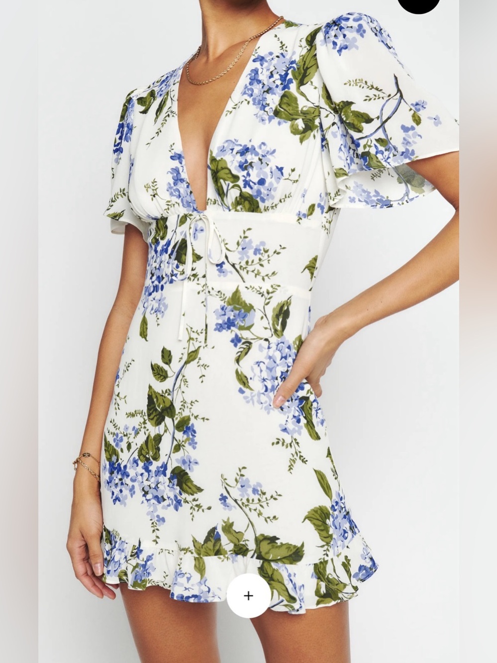 Reformation White Mini Dress with Blue & Green Floral Print